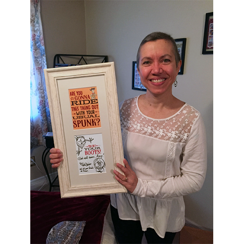 During chemotherapy, PIXAR director, Pete Docter was an unexpected source of encouragement. He sent Amy a get well card with sketches and warm thoughts. She liked it so much, she framed the card and hung it by her bed. When we thought Amy was going to live, she wanted to thank Pete, so we took this picture of Amy (with his card) and sent it to him. About three weeks later, we found out she would die after all Amy's Scrapbook: Amy with signed Pixar card